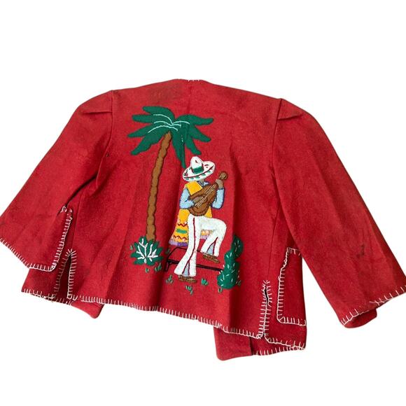 Vintage 1940s Mexican Hand Embroidered Red Wool Jacket | kids 7 year old - - Picture 3 of 5